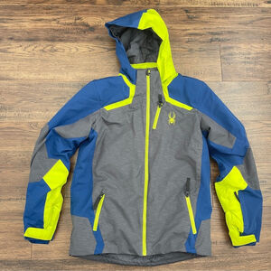 Spyder Leader Kids Ski Puffer Jacket - Gray, Blue, and Neon Yellow size 20